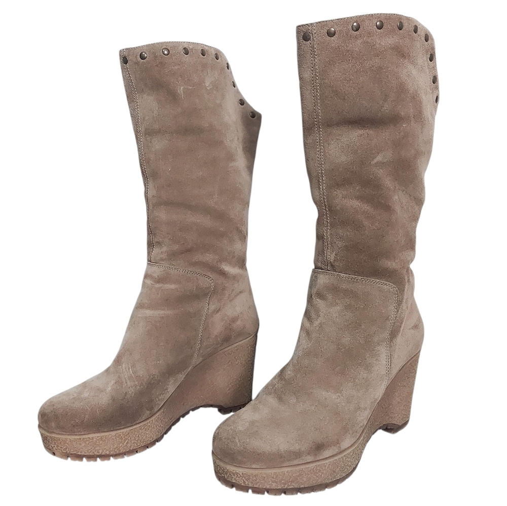 Gino Rozzi Suede Studded Wedge Heel Mid-Calf Boots Women Size 6.5 Fur Cozy Shoes